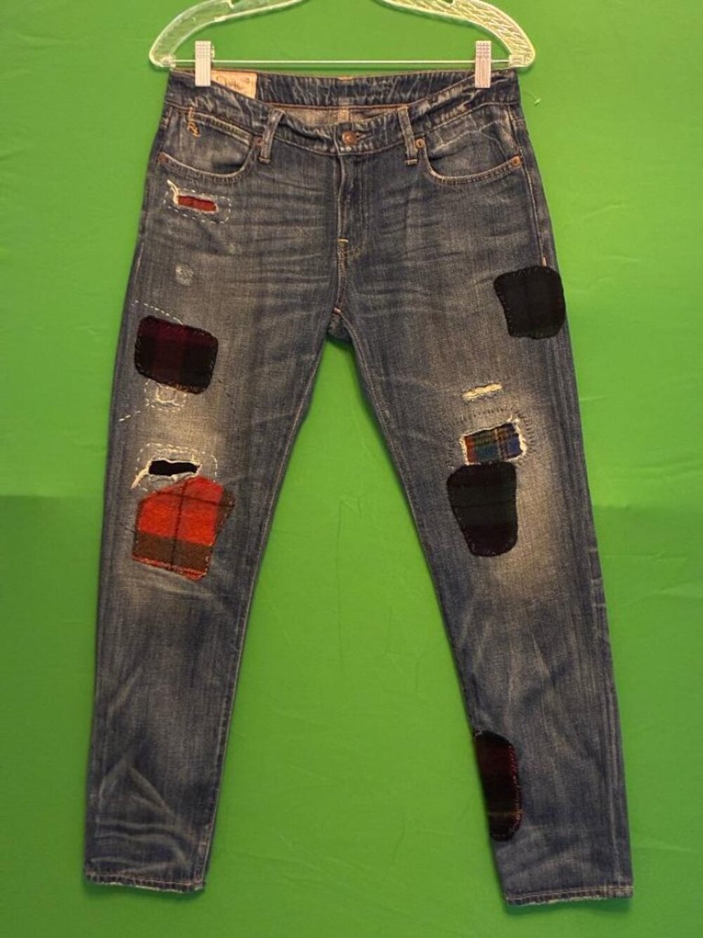 Women's Polo Ralph Lauren Astor Boyfriend Plaid Patchwork Distressed Jeans 27/28